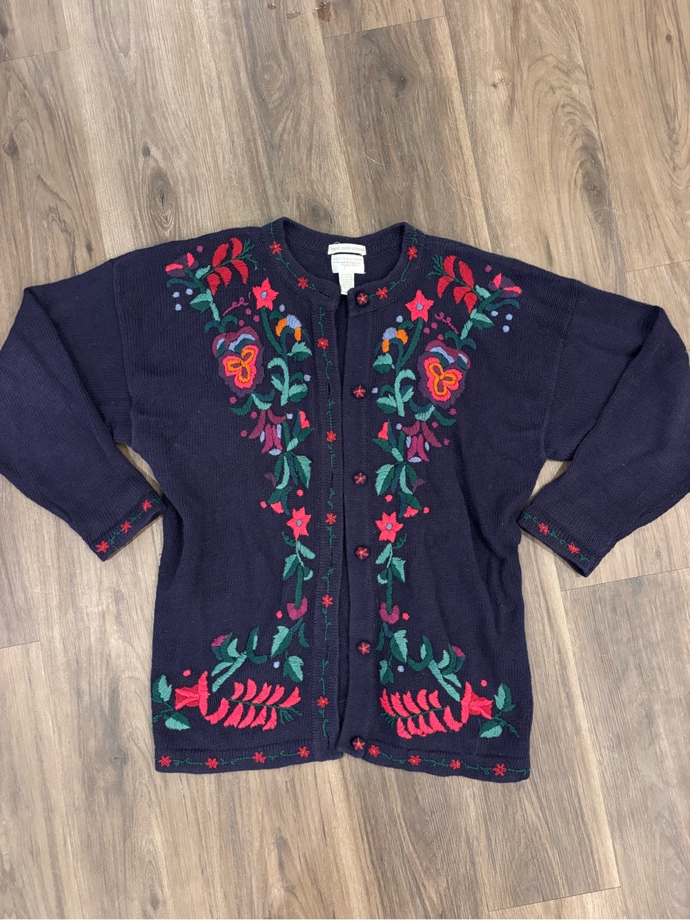 Navy Floral Embroidered Cardigan Sweater - Women